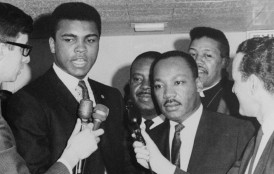 Heavyweight champion Muhammad Ali, left, is shown conferring March 29, 1967 with Dr. Martin Luther King, and King said later,  the sooner this country does away with the draft, the better off we'll be.   Ali was here for his court suit to prevent his Army induction April 28 in Houston.  The court refused, however, to block his call-up.  (AP Photo)