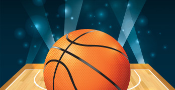 An illustration of a basketball on a hardwood court.