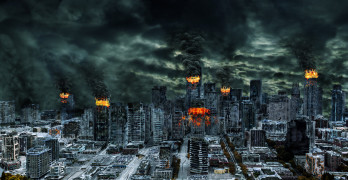 Detailed destruction of fictitious city with fires explosion sinkholes split ground train derailment. Concept of war natural disasters judgement day fire nuclear accident terrorism or meteorite fallout.