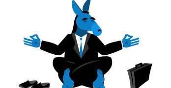 Blue Donkey Democrat meditating. Symbol of USA political parties. Illustration for presidential elections in America. Animal businessman diplomat
