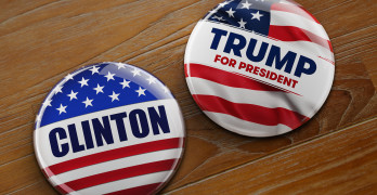 WASHINGTON, DC - APRIL 10, 2016: Illustration of presidential campaign buttons of Hillary Clinton and Donald Trump running for the president's office.